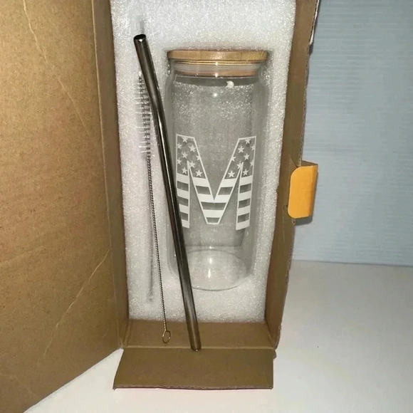 NEW! Letter M initial Shalory Glass Cup, 20oz, Clear glass American Flag - Picture 1 of 9